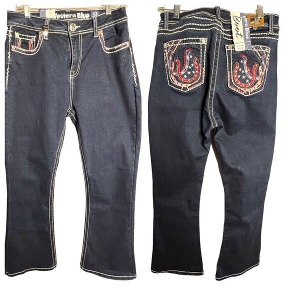 NWT Western Blue Jeans Size 13 Boot Cut Dark Wash Horse Shoe Design - Picture 1 of 16